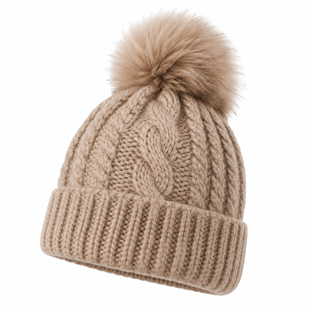 Damen Strickmütze mit Kunstfellbommel Beige