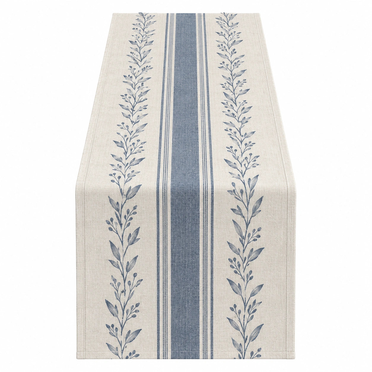 Tischläufer mit Streifen- und Blumenmuster, Blau und Grau 180x33cm
