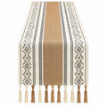 Tischläufer Beige/Schwarz mit Geometrischem Muster und Fransen