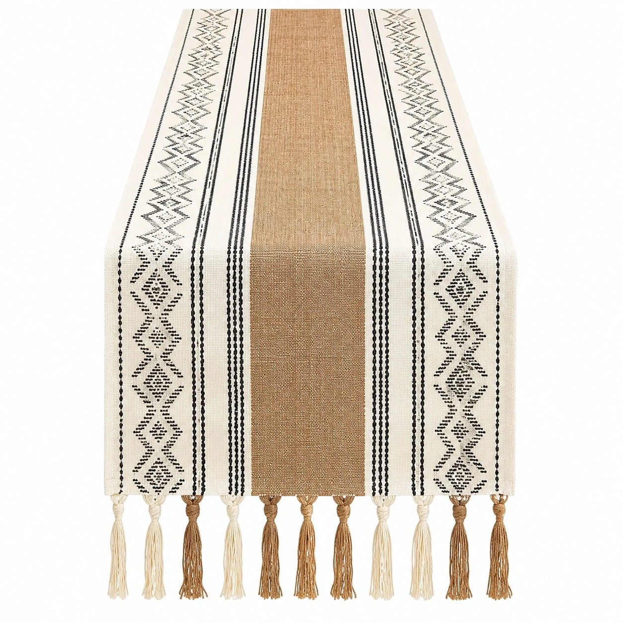 Tischläufer Beige/Schwarz mit Geometrischem Muster und Fransen