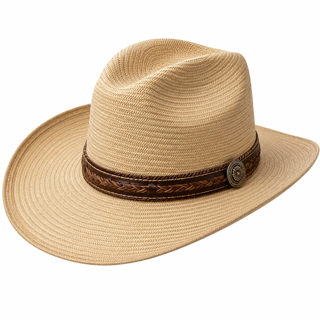 Western Strohhut mit Geflochtenem Band und Concho Beige