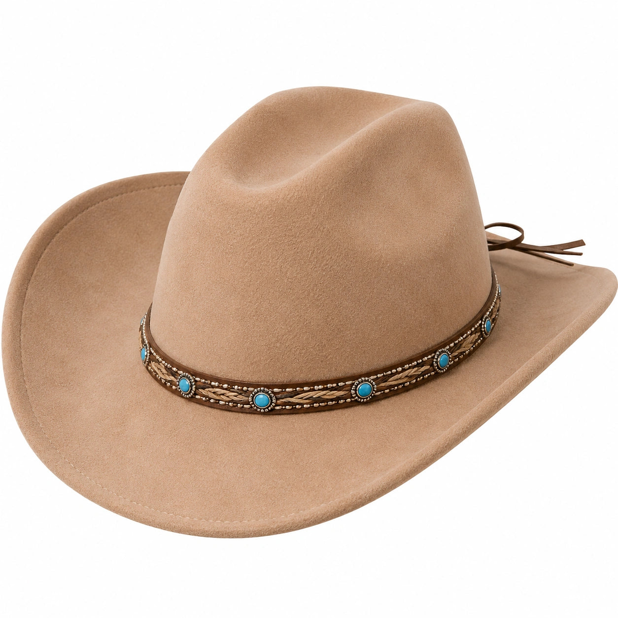 Brauner Cowboyhut mit Türkis-Zierband