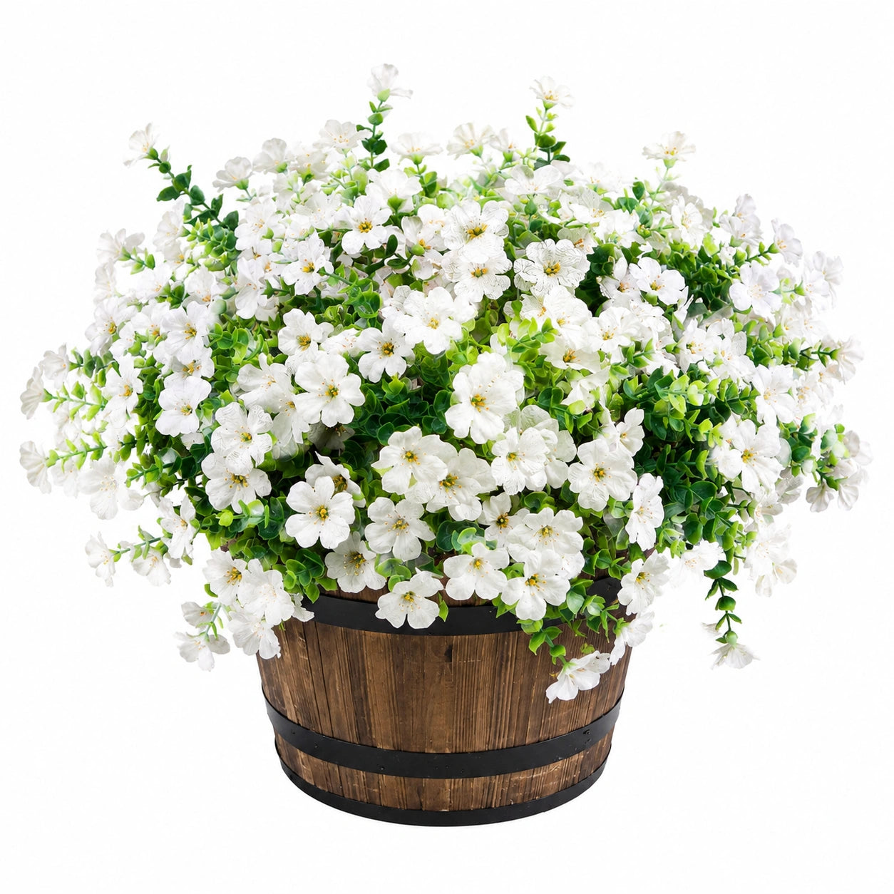 Künstliche Blumenarrangement Weiß im Holzfass